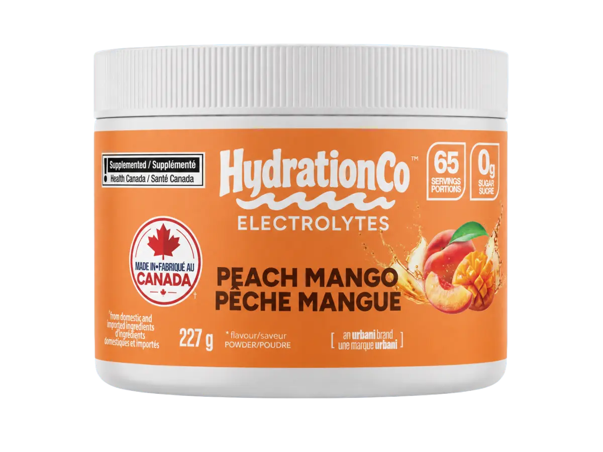 HydrationCo Peach Mango electrolyte powder tub